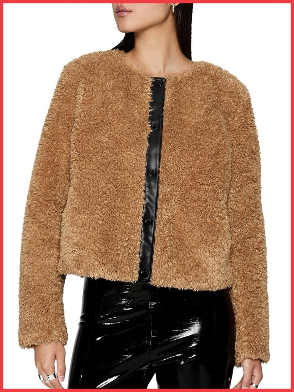 Rebecca Minkoff Wyatt Faux Fur Vegan Leather Trim Brown Black Jacket